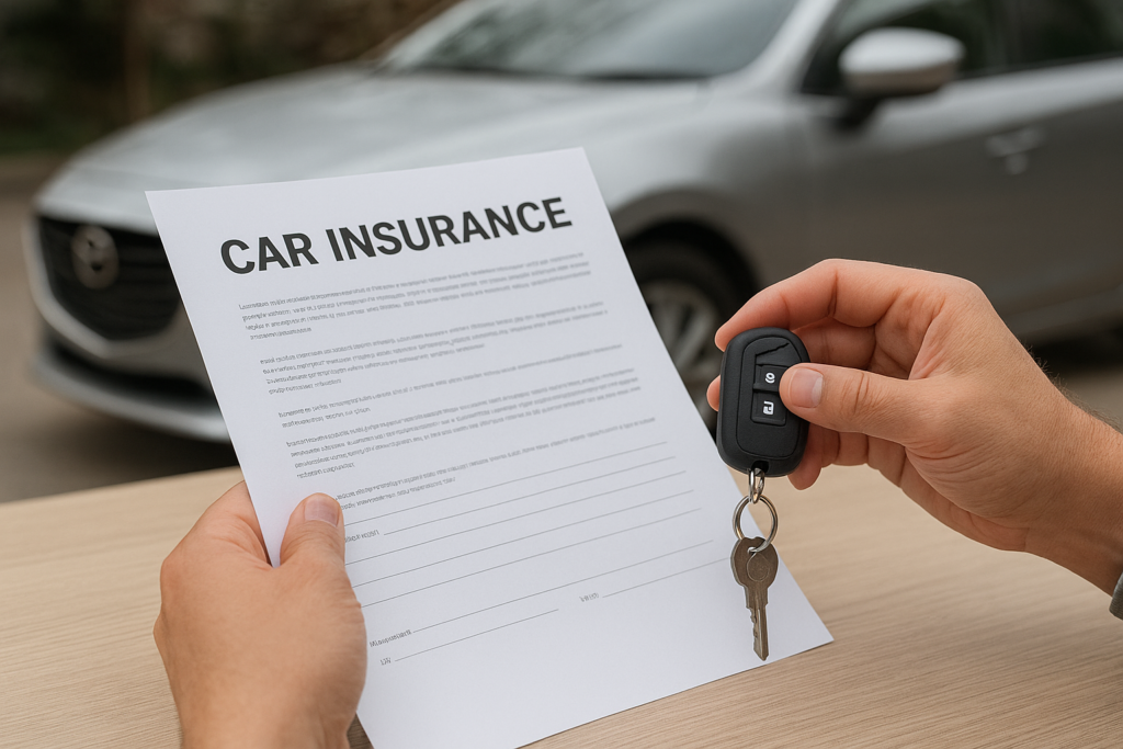 Car insurance document and key fob held in hands with silver sedan in background – realistic photo for car insurance blog about international car insurance quotes.