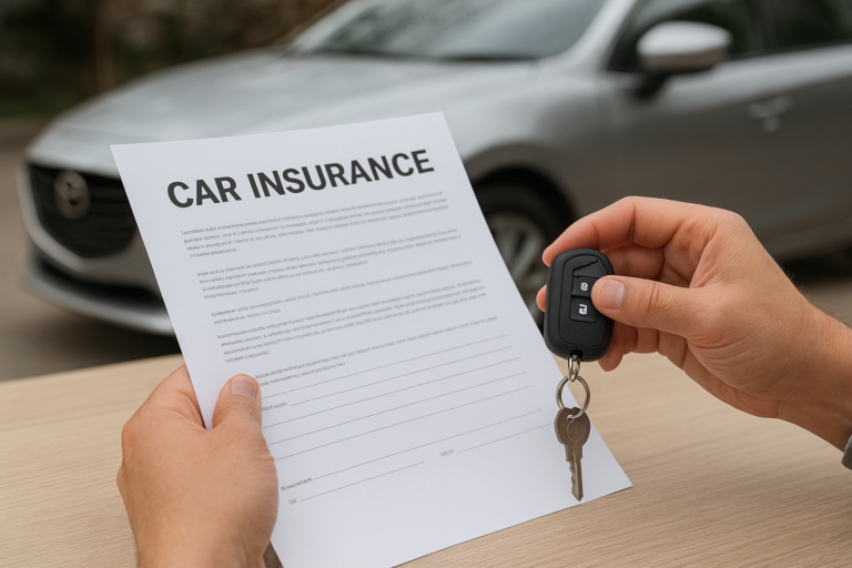 Car insurance document and key fob held in hands with silver sedan in background – realistic photo for car insurance blog about international car insurance quotes.